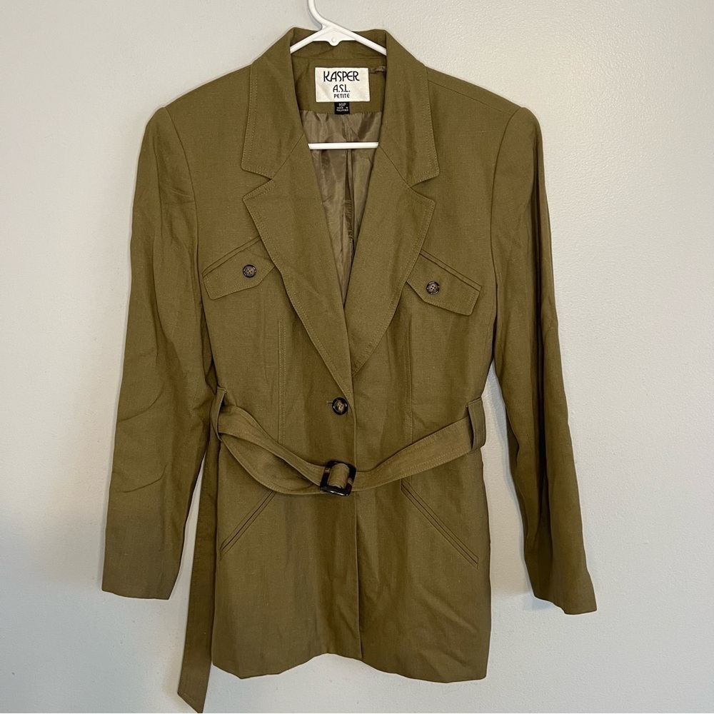 Kasper Womens Linen Rayon Viscose Green Utility Jacket Belted Petite Sz 10P